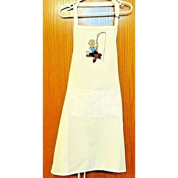 Fisherman on Dock Embroidered Apron Barbeque Front Pocket White Kitchen Gift NEW - Picture 2 of 3